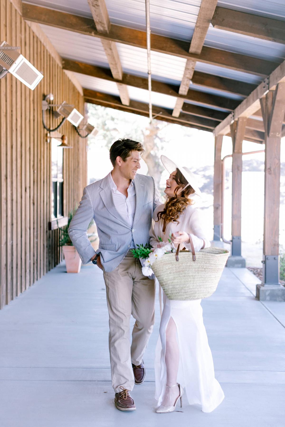 Bride & Groom Walking Down Veranda for Mika & James's Wedding