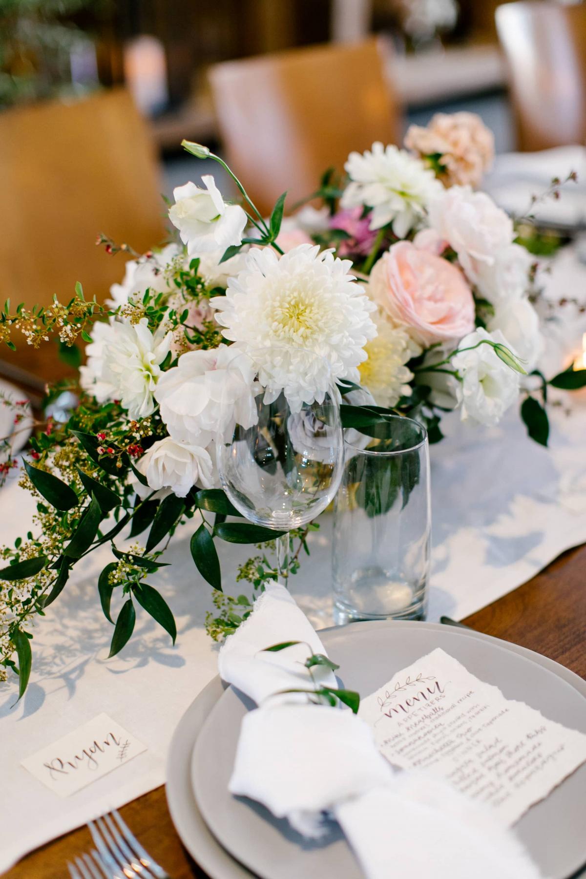 Reception Table with Placemat, Menu & Flower Arrangement for Danielle & Jake's Wedding