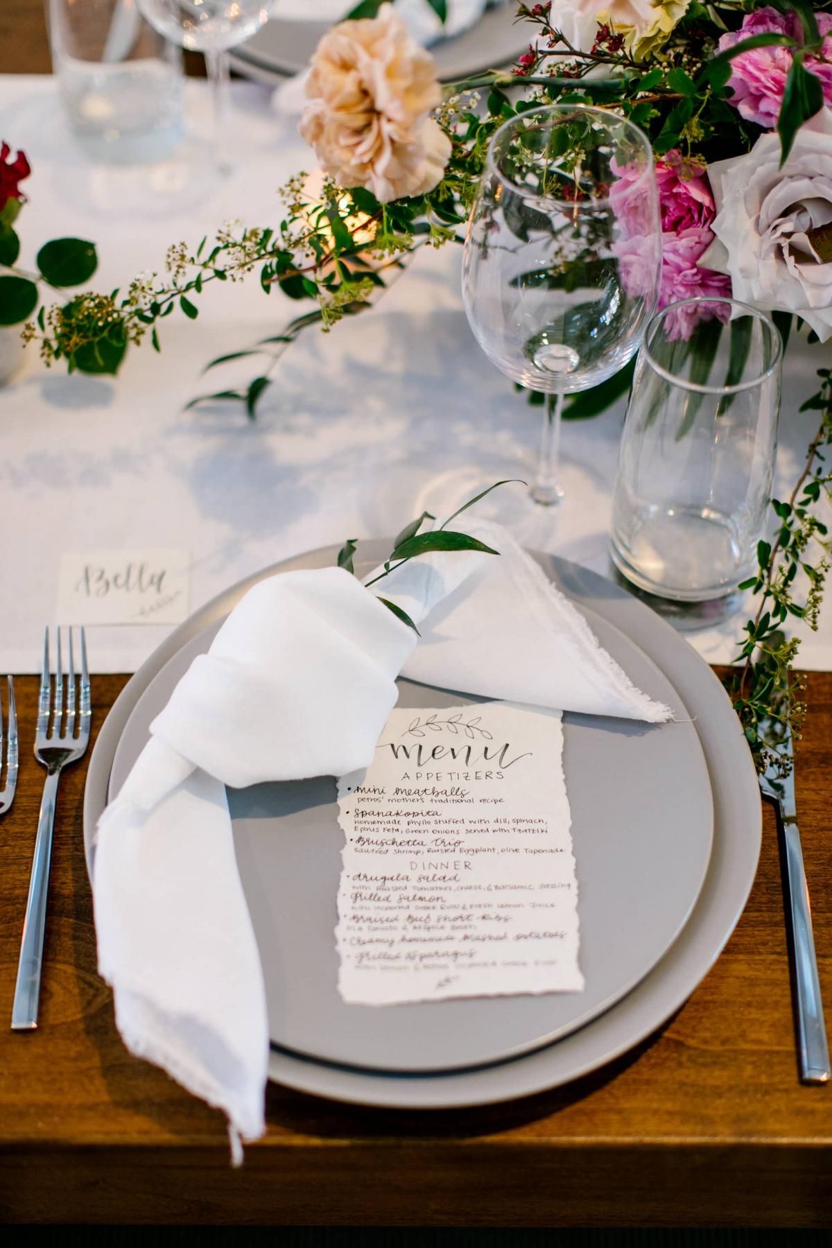 Closeup Placemat, Menu & Flower Arrangement for Danielle & Jake's Wedding