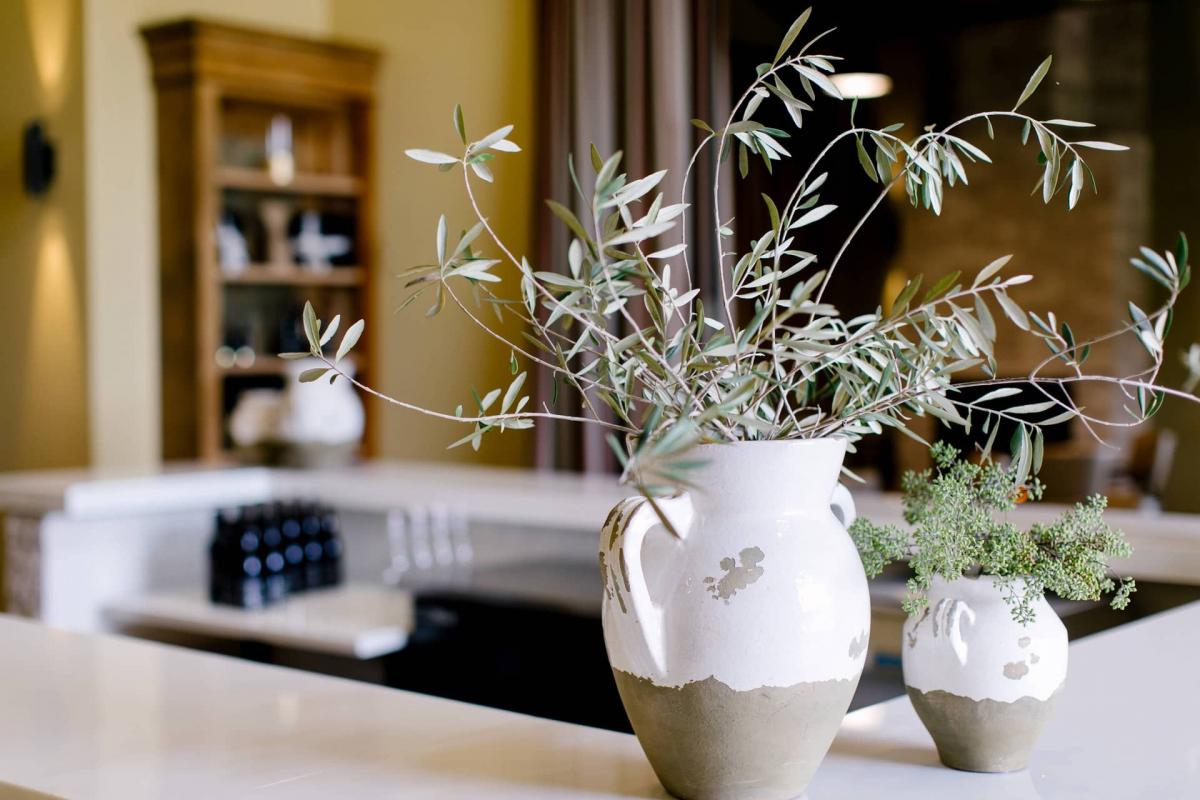 Blurred Out Reception Area with Vases in Focus