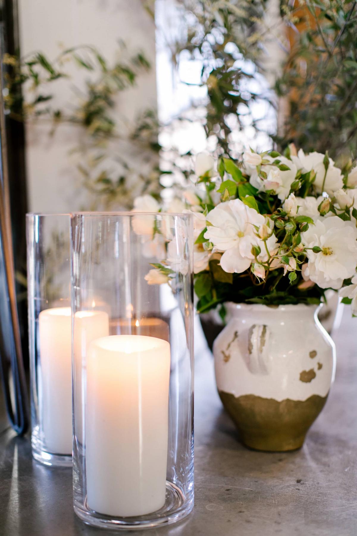 Closeup of Candles and Flower Arrangements for Danielle & Jake's Wedding