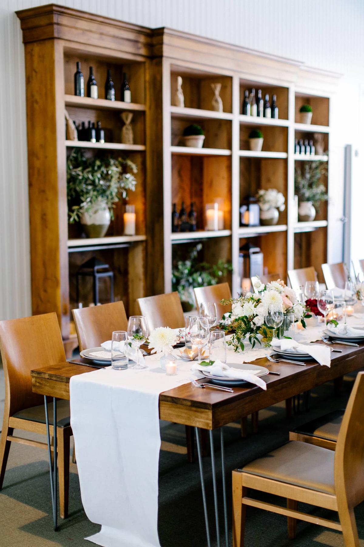 Reception Table with Placemats, Menus with Wooden Bookcases Behind for Danielle & Jake's Wedding