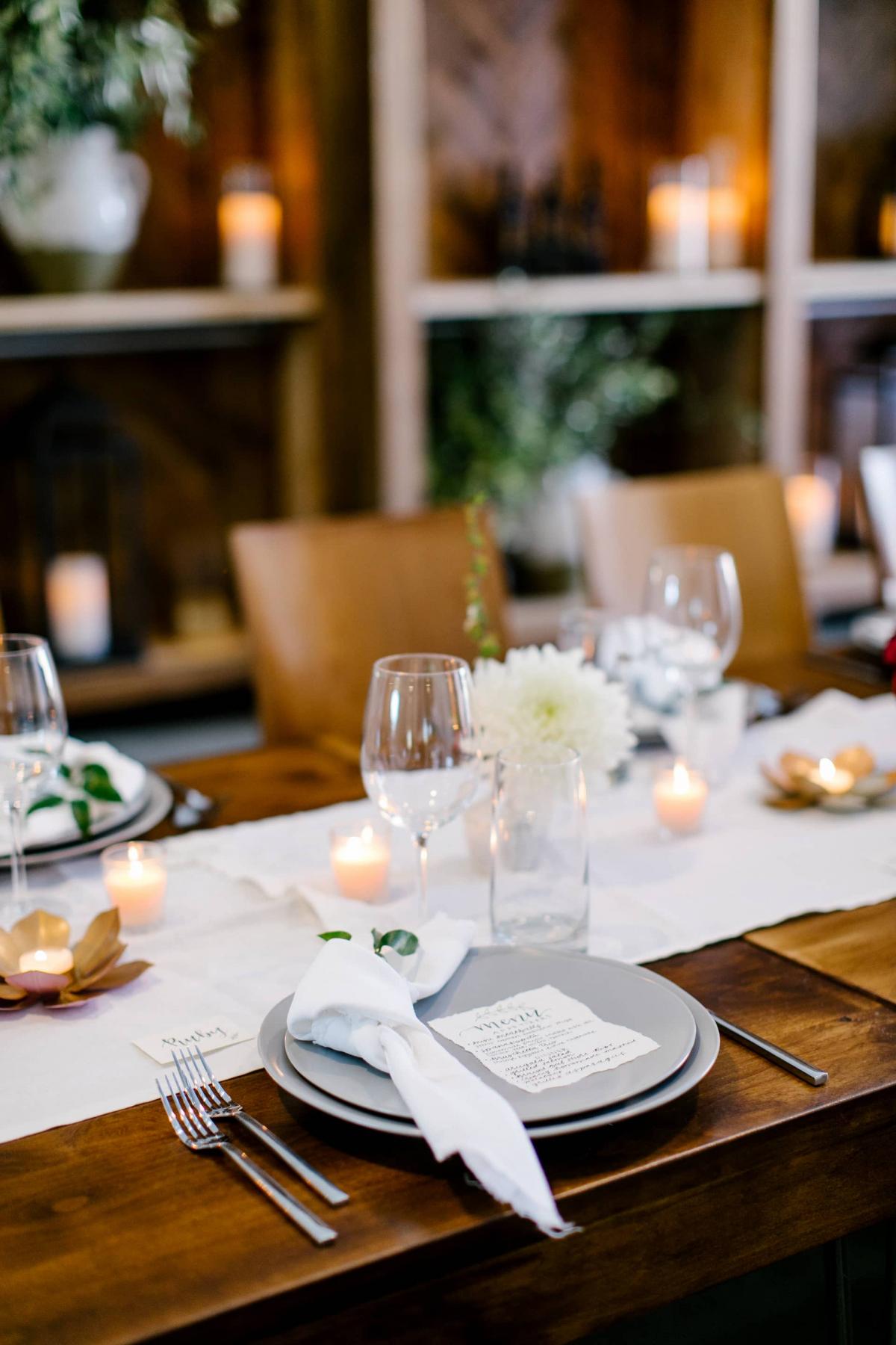 Reception Table with Placemat, Napkin, Candles & Menu for Danielle & Jake's Wedding