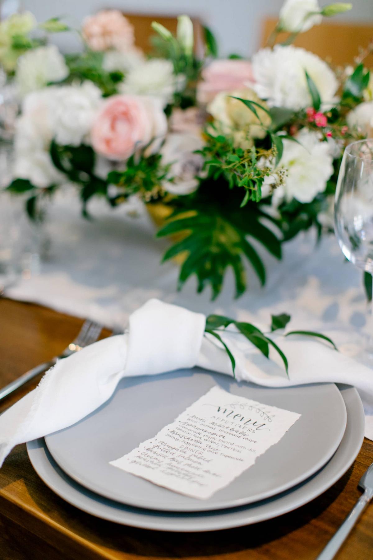 Closeup Placemat, Menu & Massive Flower Arrangement for Danielle & Jake's Wedding