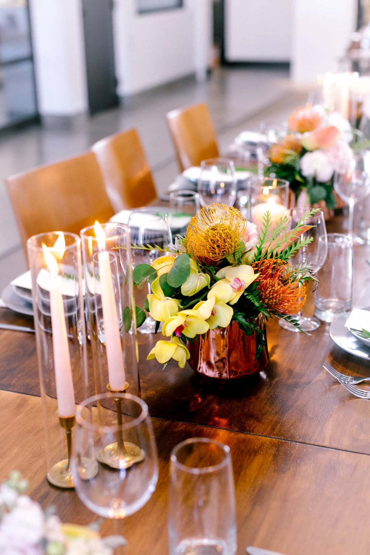 Closeup of Flower Arrangements on Reception Table for Mika & James's Wedding