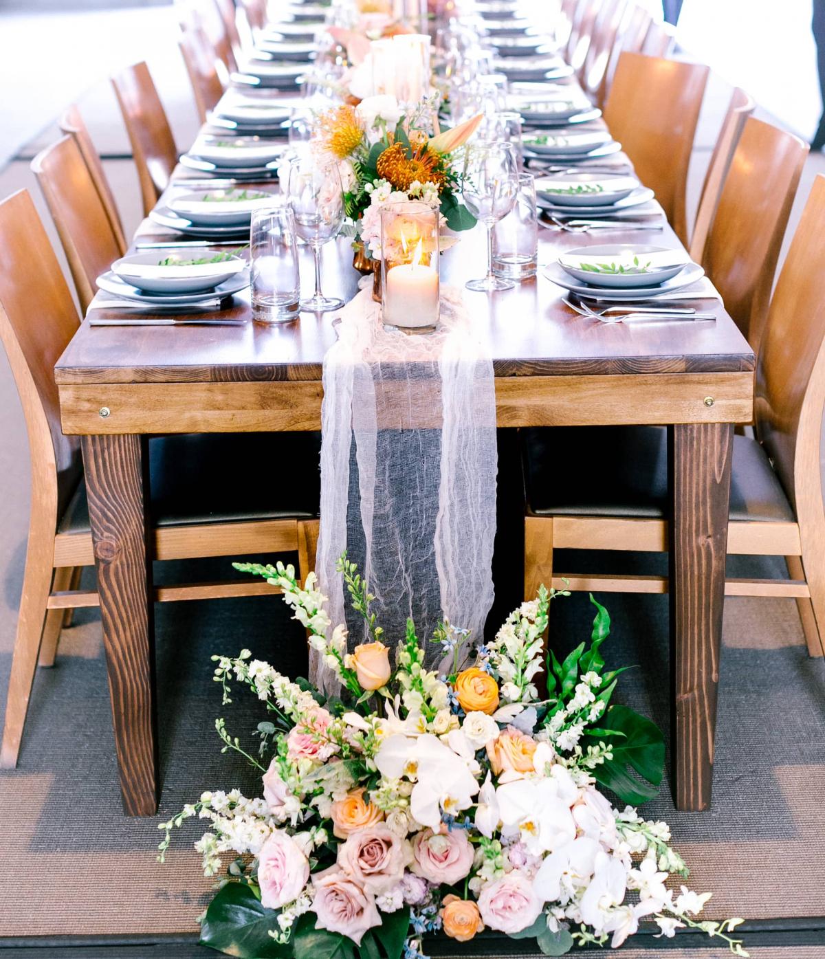 Flower Arrangement at Foot of Reception Table for Mika & James's Wedding